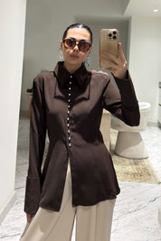 Beli Oturmalı Klasik Yaka Kahve Gömlek SY-3589-Kahverengi