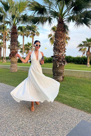 Beyaz Puglia Tasarım Sırt Detaylı Keten Elbise SY-2263-Beyaz