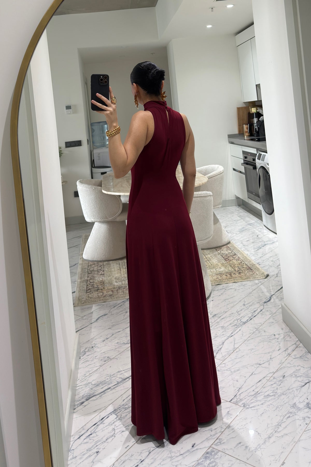 Bordo Balıkçı Yaka Maxi Boy Dökümlü Şık Kadın Elbise SY-3632-Bordo