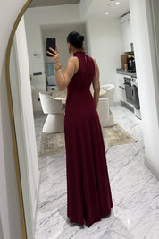 Bordo Balıkçı Yaka Maxi Boy Dökümlü Şık Kadın Elbise SY-3632-Bordo