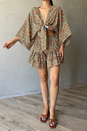 Yeşil Bağlamalı Eteği Fırfırlı Şort Bluz Takım SY-2359-Yeşil