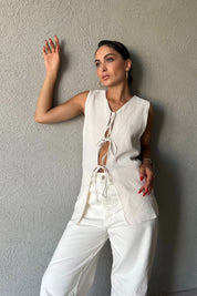 Ekru Bağcıklı Triko Yelek SY-2367-Ekru