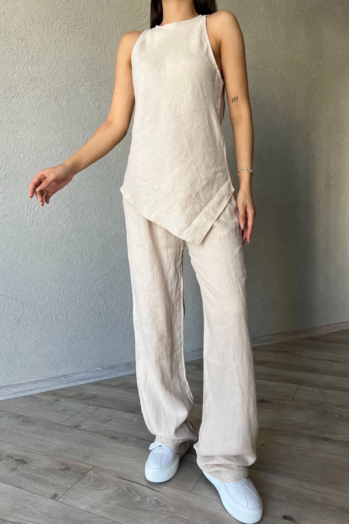 Bej Verev Kesim Bluz Pantolon Takım SY-2356-Bej