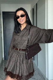 Dantel Detaylı Kat Kat Kemerli Rihanna Etek SY-3492-Kahverengi