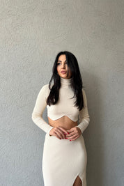 Bej Boğazlı Crop Kazak ve Önden Yırtmaçlı Etek Takım SY-1197-Bej