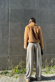 Bej Desenli Çift Bel Detaylı Bol Paça Pantolon SY-1471-Bej