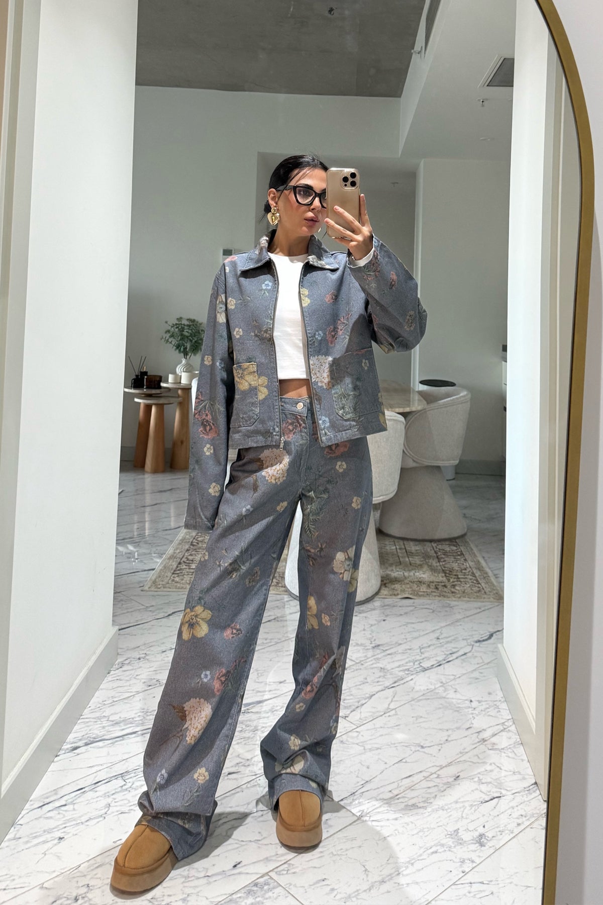 Mavi Çiçek Desenli Yüksek Bel Vintage Denim Pantolon SY-3500-Mavi