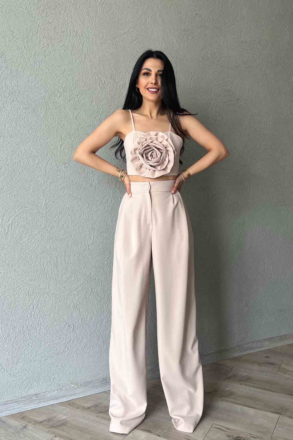 Bej Çift Pile Detaylı Palazzo Pantolon SY-2028-Bej