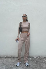 Bej Dalkıç Kumaş Basic Jogger Crop Pantolon Takım SY-1705-Bej