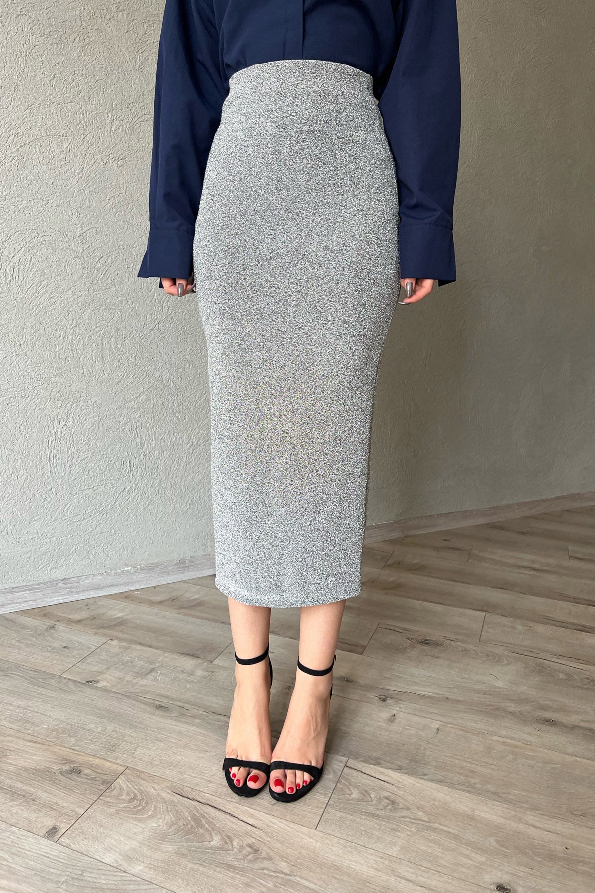 Gümüş Simli Beli Lastikli Kalem Etek SY-1522-Gümüş