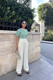 Krem Yüksek Bel Pileli Palazzo Pantolon SY-0559-Krem