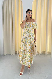 Çiçek Desenli Balon Kollu Keten Elbise SY-3309-Desenli