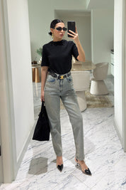 Eskitme Yüksek Bel Mom Fit Jean SY-3643-Mavi