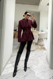 Bordo Belden Oturmalı Kaşe Özel Üretim Ceket SY-3416-Bordo