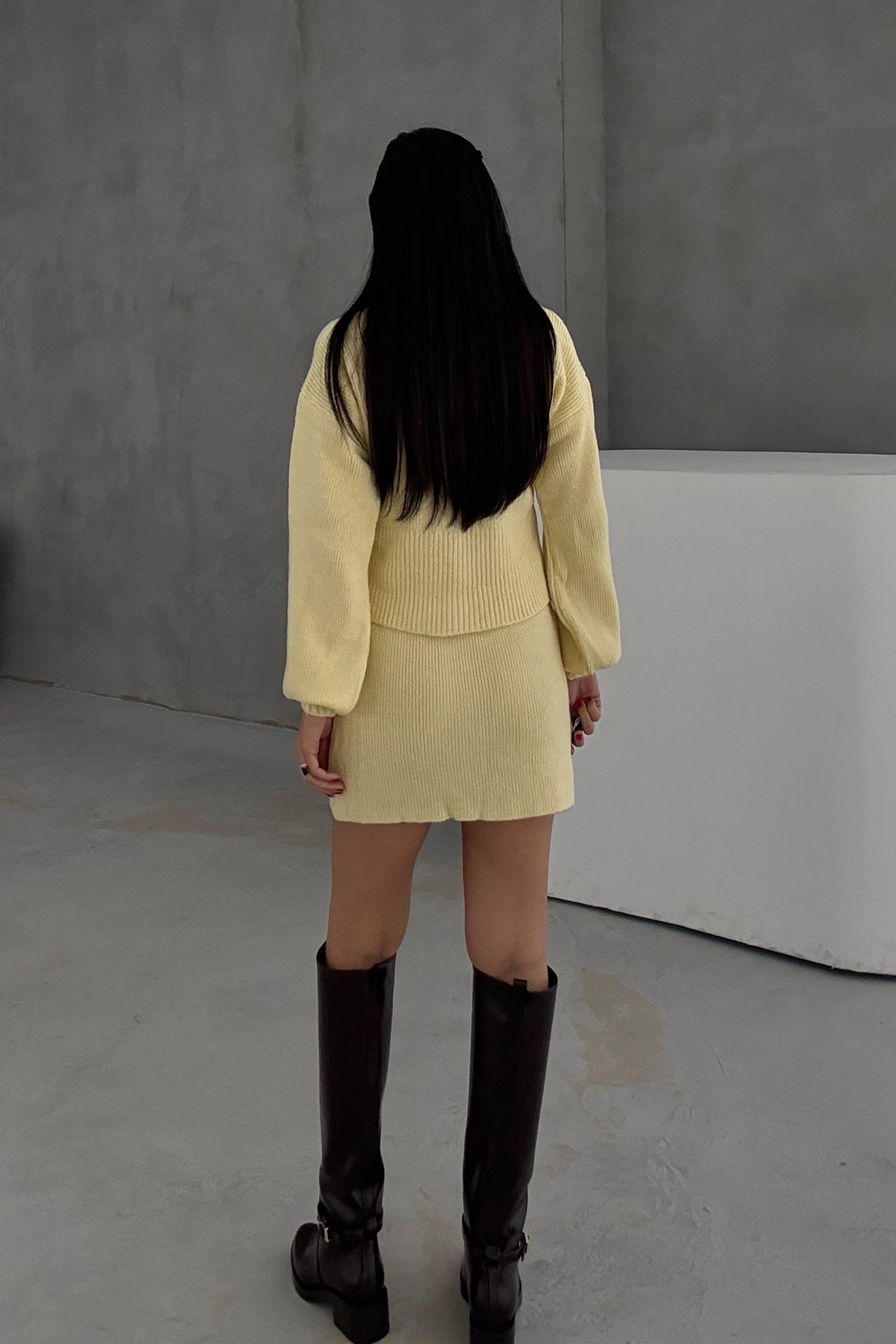 Sarı Kırçıllı Etek Hırka Triko Takım SY-3455-Sarı