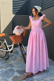 Luna Pembe Brode Elbise - Kemerli Dantel Detaylı Yazlık Elbise SY-3739-Pembe