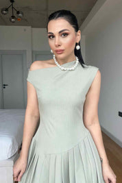 Mint Yeşili Kayık Yaka Bel Detaylı Pileli Elbise SY-2962-Mint Yeşili