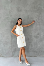 Ekru Büyük Gold Düğme Detaylı Kısa Elbise SY-2449-Ekru