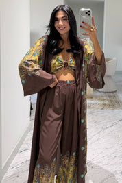 Premium Desenli Kimono Üçlü Takım SY-3818-Kahverengi