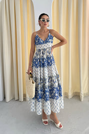 Mavi Desenli Gipeli Midi Boy Elbise SY-3305-Mavi