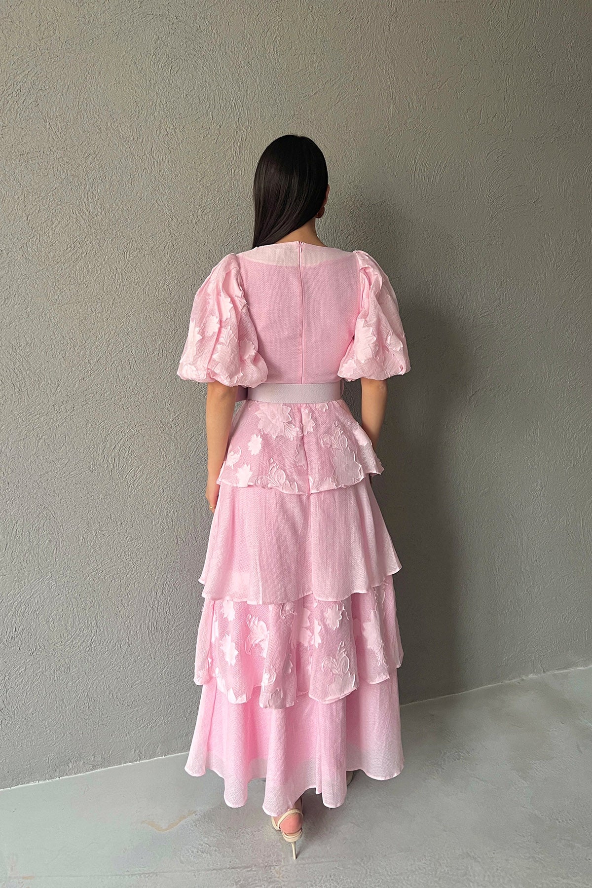 Pembe Tasarım Kat Detaylı Pinterest Lipari Elbise SY-3027-Pembe