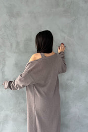 Vizon V Yaka Uzun Elbise Hırka Triko Takım SY-2716-Vizon