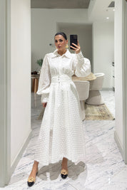 Dantel Motifli Midi Brode Elbise SY-3630-Beyaz