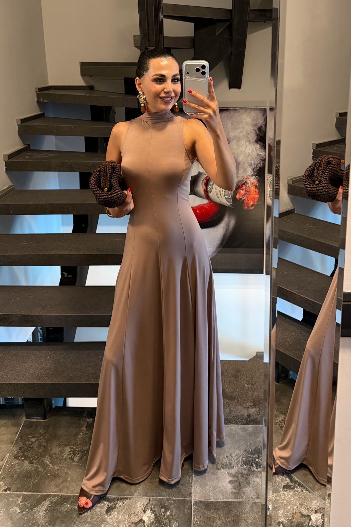 Vizon Balıkçı Yaka Maxi Boy Dökümlü Şık Kadın Elbise SY-3632-Vizon