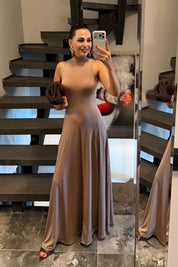 Vizon Balıkçı Yaka Maxi Boy Dökümlü Şık Kadın Elbise SY-3632-Vizon
