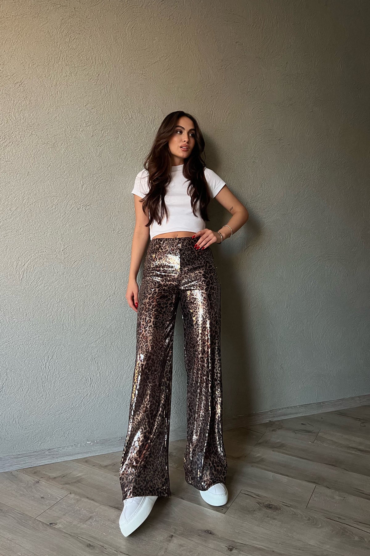 Leopar Desenli Pullu Beli Lastikli Bol Paça Pantolon SY-1296-Leopar