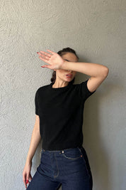 Siyah Bisiklet Yaka Kısa Kol Triko SY-1596-Siyah