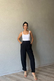 Siyah Çizgili Paçası Katlı Pantolon SY-1621-Siyah