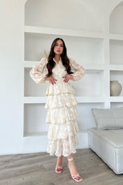 Bej Valonlu Şerit Detaylı Kat Kat Elbise SY-1747-Bej