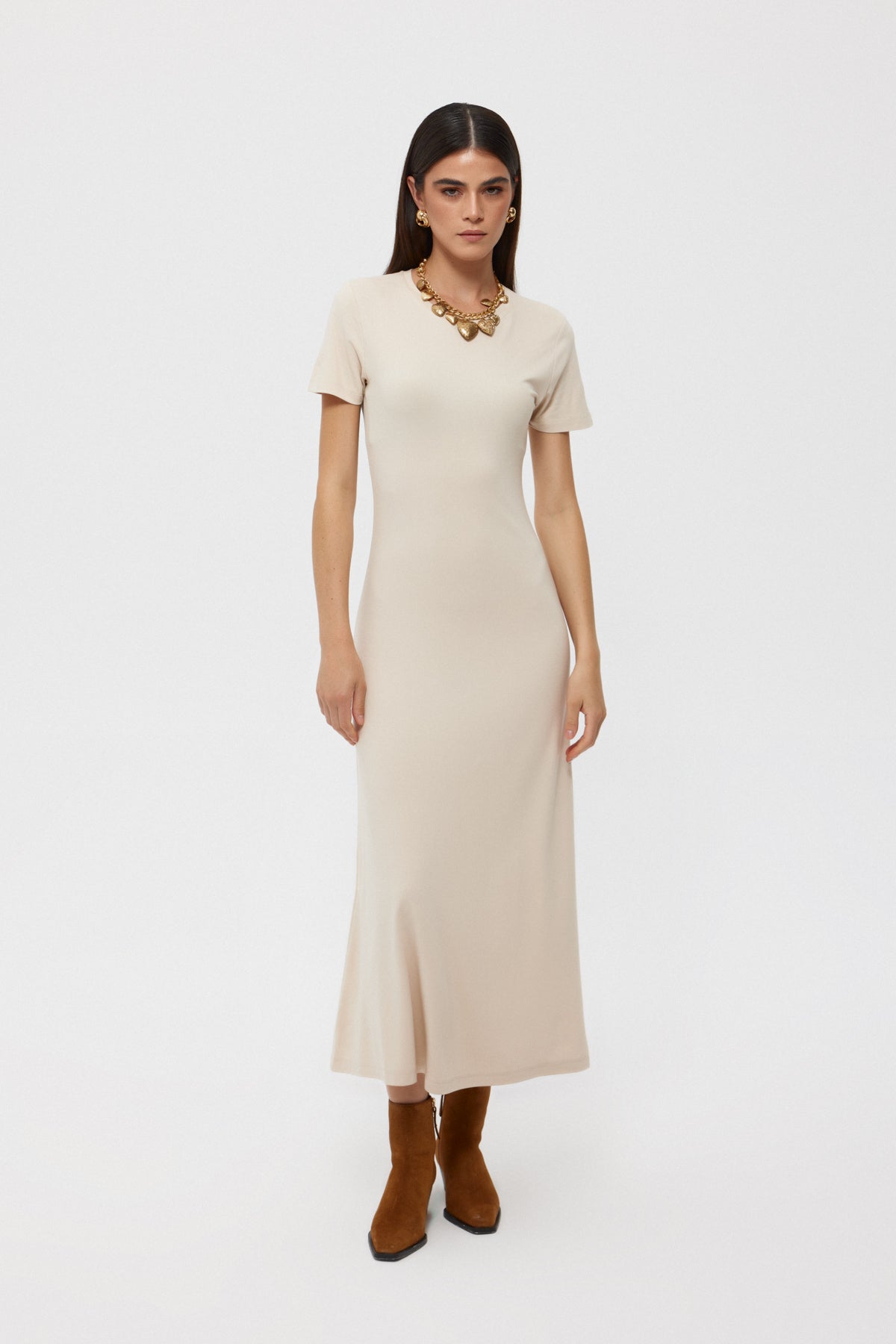 Bej Basıc Uzun Elbise SY-2392-Bej