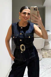 Gold Kemerli Denim Yelekli İkili Takım SY-3514-Lacivert