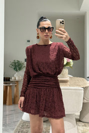 Bordo Güpürli Midi Tasarım Elbise SY-3489-Bordo