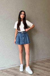 Mavi Pile Detaylı Cool Denim Etek SY-1887-Mavi