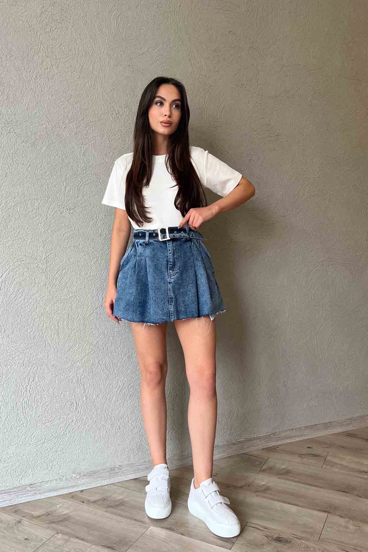 Mavi Pile Detaylı Cool Denim Etek SY-1887-Mavi