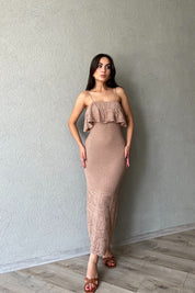 Kahve İnce Askılı Çiçek Detaylı Ajurlu Maxi Elbise SY-2223-Kahve