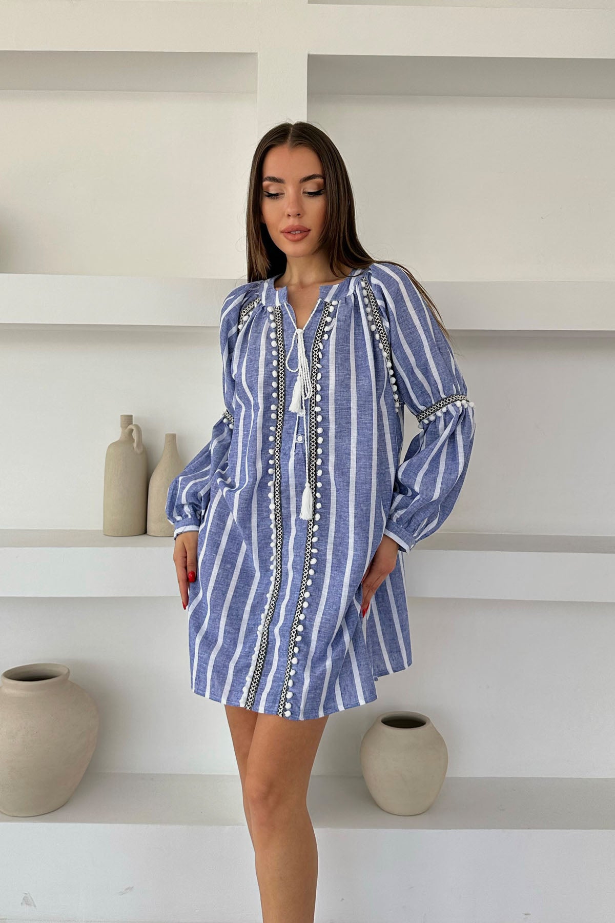Mavi Püsküllü Çizgili Keten Elbise SY-0485-Mavi