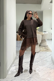 Kahverengi Dantel Detaylı Saten Triko Bluz-Elbise SY-3504-Kahverengi