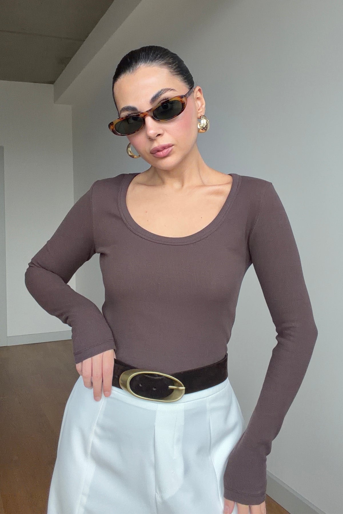 Uzun Kollu Fitilli Derin Bisiklet Yaka Kahverengi Body SY-3412-Kahverengi