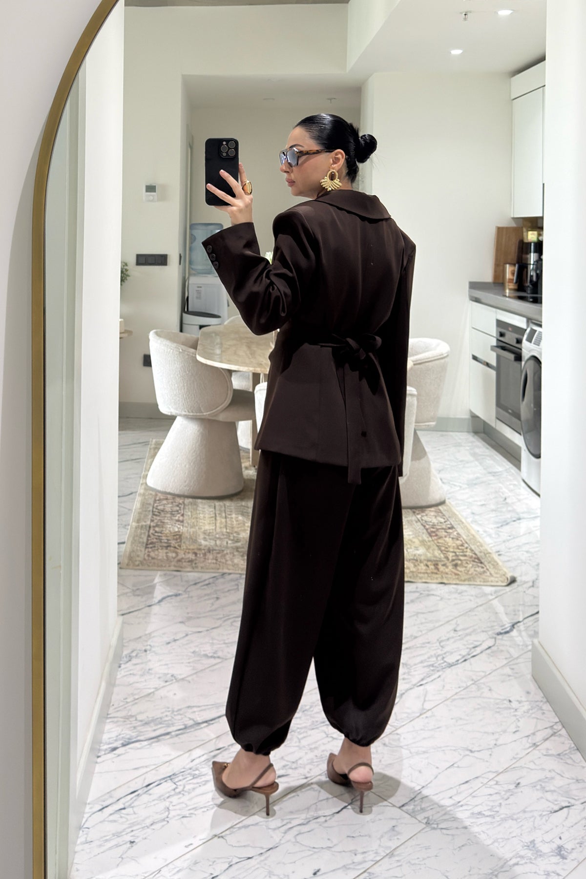 Kahverengi Beli Drapeli Ceket Ve Şalvar Pantolon Takım SY-3608-Kahverengi