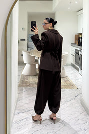 Kahverengi Beli Drapeli Ceket Ve Şalvar Pantolon Takım SY-3608-Kahverengi