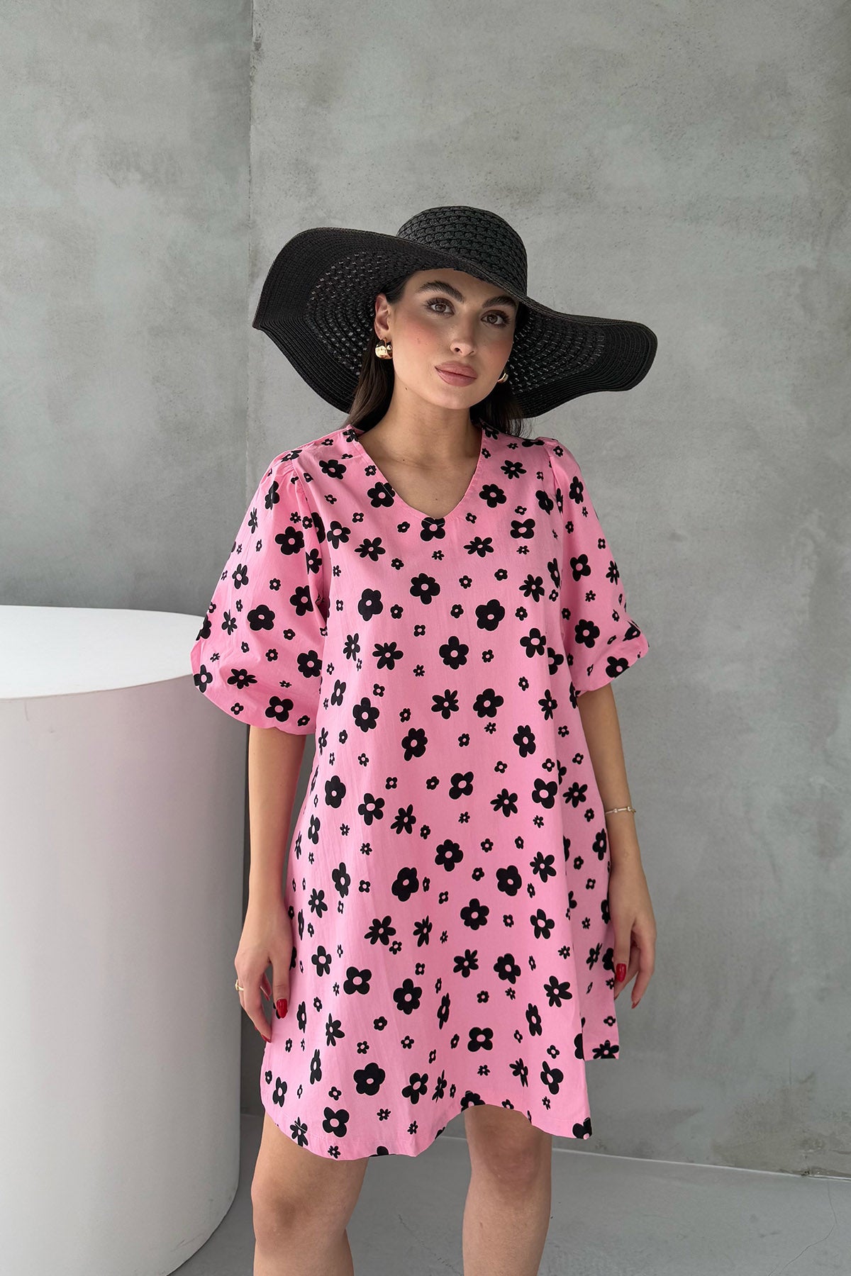 Pembe Çiçek Desenli Balon Kol Mini Elbise SY-3051-Pembe