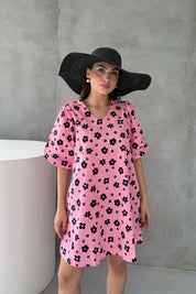 Pembe Çiçek Desenli Balon Kol Mini Elbise SY-3051-Pembe