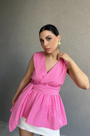 Pembe Sıfır Kol Poplin Bağlama Detaylı Marka Bluz SY-2981-Pembe