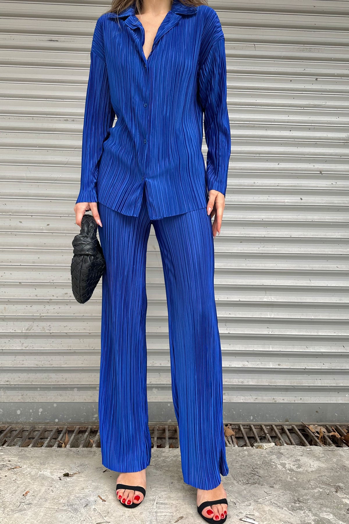Saks Mavisi Yırtmaçlı Fitilli Kadın Gömlekli Oversize Takım SY-0092-Saks Mavisi