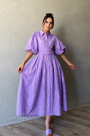 Lila Balon Kol Pile Detaylı Kemerli Brode Elbise SY-2084-Lila