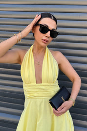 Sarı Puglia Tasarım Sırt Detaylı Keten Elbise SY-2263-Sarı